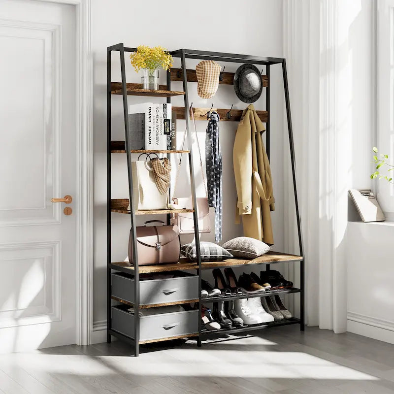Hall Tree with Bench and Shoe Storage 6 in1 Entryway Organizer