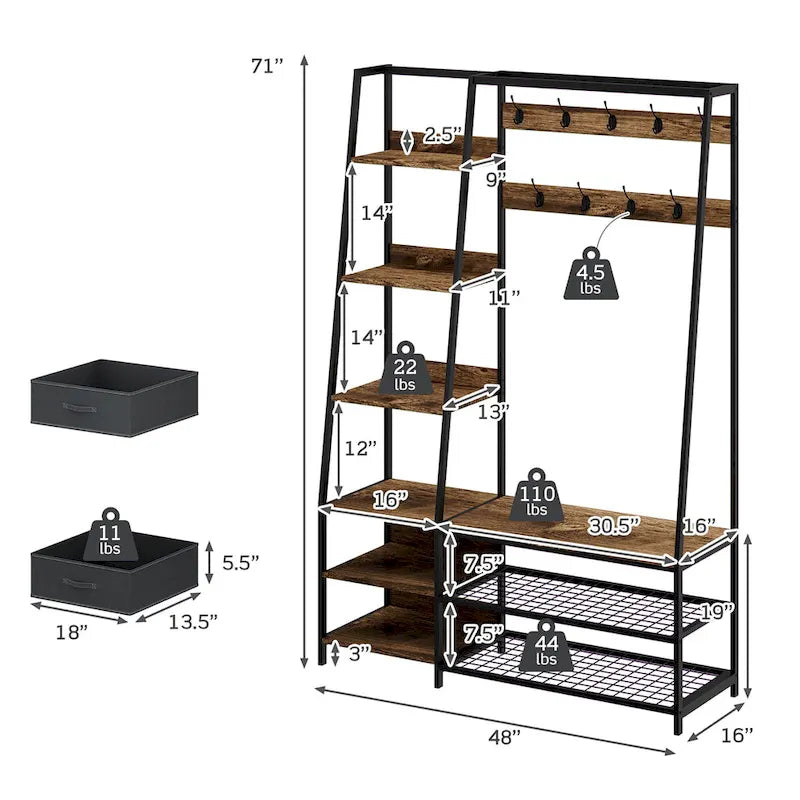 Mobile da ingresso con panca e porta scarpe, organizer per ingresso 6-in-1