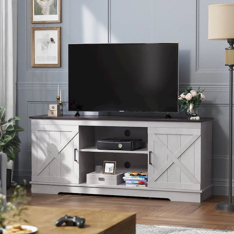 Móvel de TV de madeira estilo quinta para televisores de 65 polegadas, com portas de celeiro deslizantes, cinzento e branco