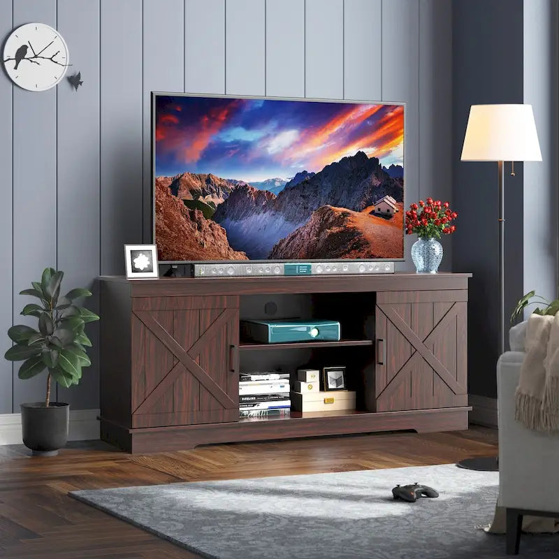 Mobile TV in legno stile rustico da fattoria per TV da 65 pollici con ante scorrevoli stile fienile, grigio e bianco