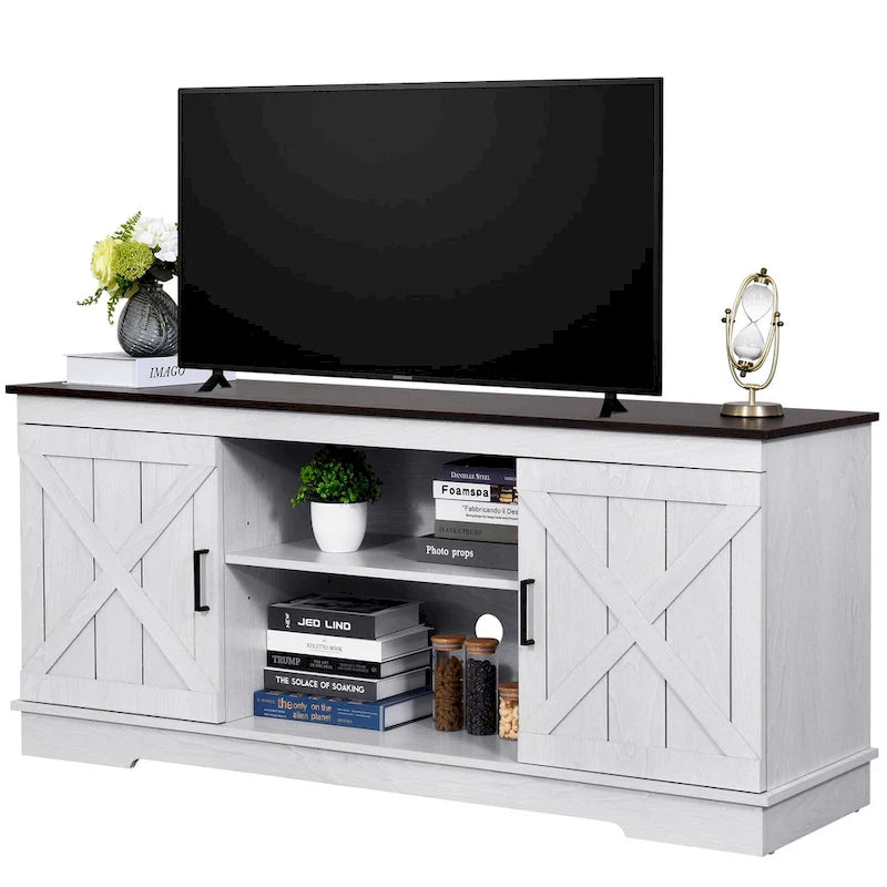 Mobile TV in legno stile rustico da fattoria per TV da 65 pollici con ante scorrevoli stile fienile, grigio e bianco