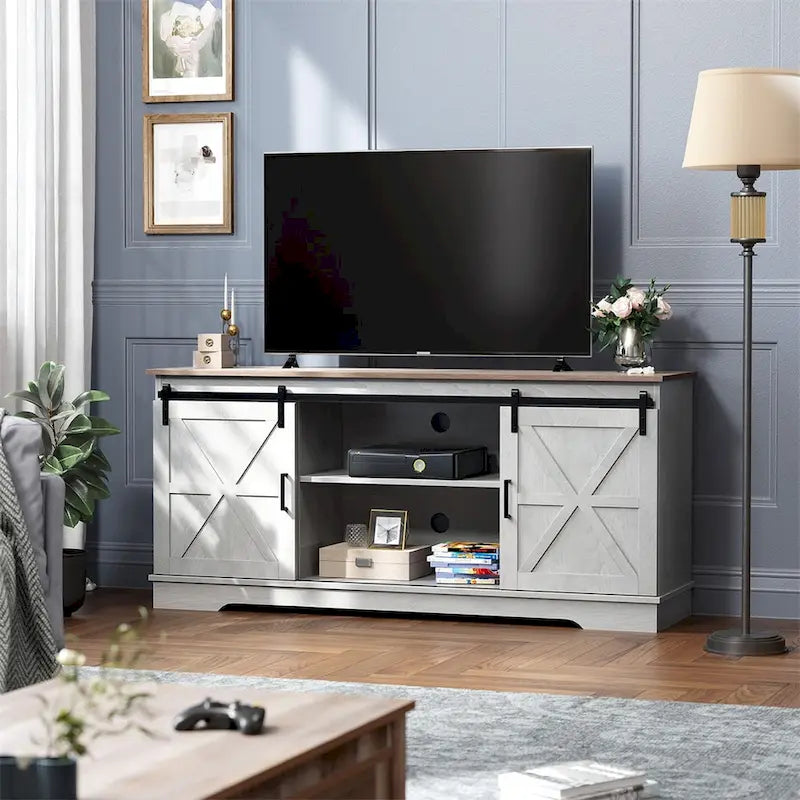 Móvel de TV de madeira estilo quinta para televisores de 65 polegadas, com portas de celeiro deslizantes, cinzento e branco