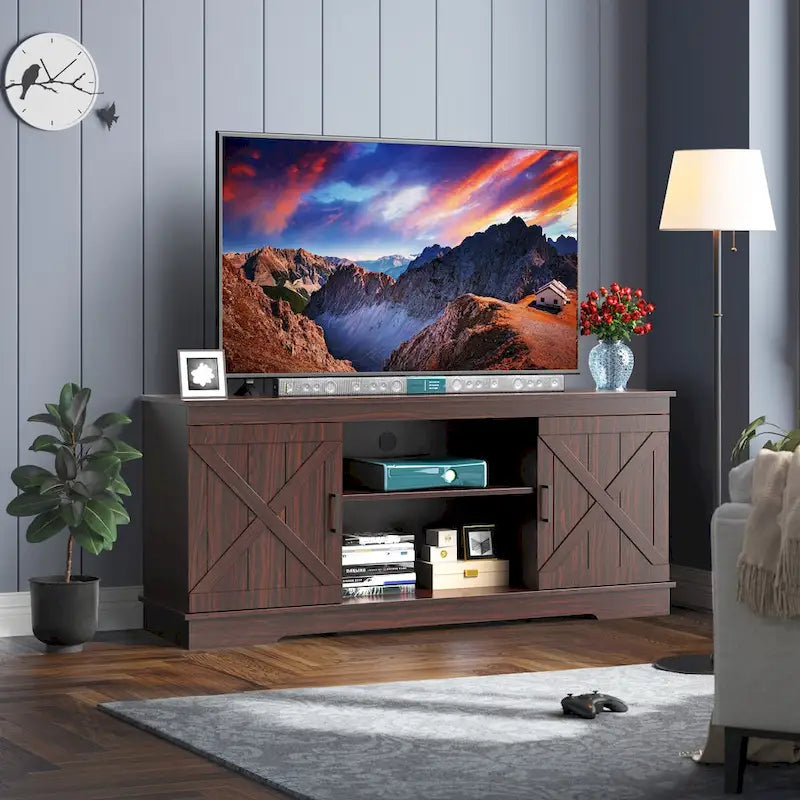 Móvel de TV de madeira estilo quinta para televisores de 65 polegadas, com portas de celeiro deslizantes, cinzento e branco