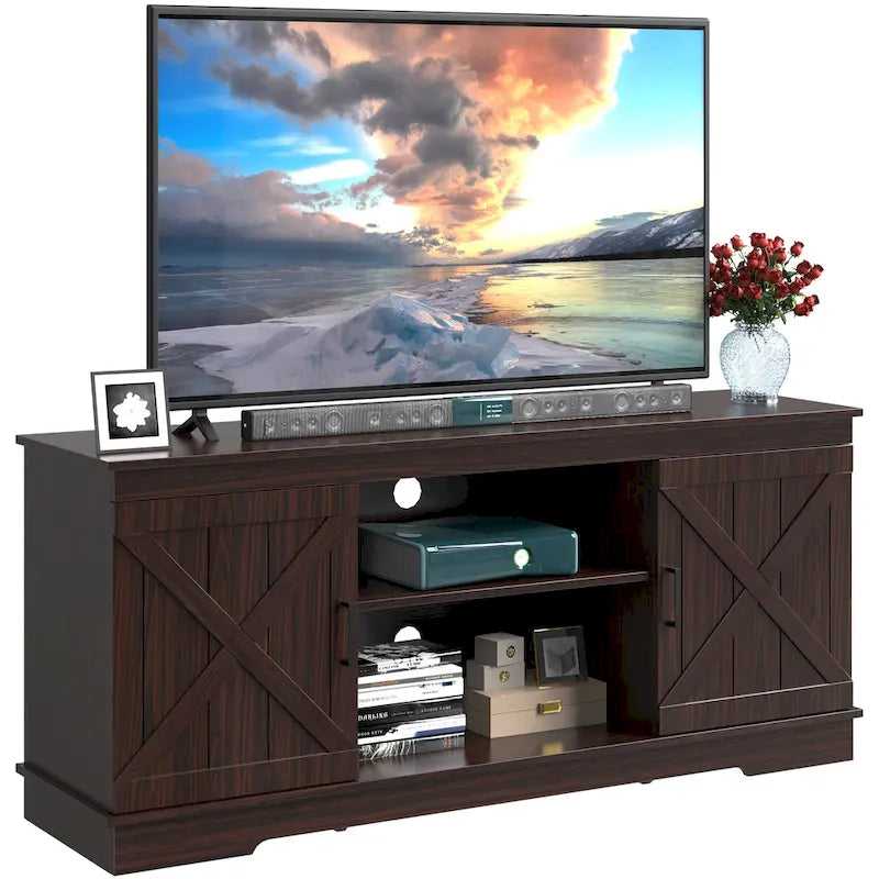 Móvel de TV de madeira estilo quinta para televisores de 65 polegadas, com portas de celeiro deslizantes, cinzento e branco