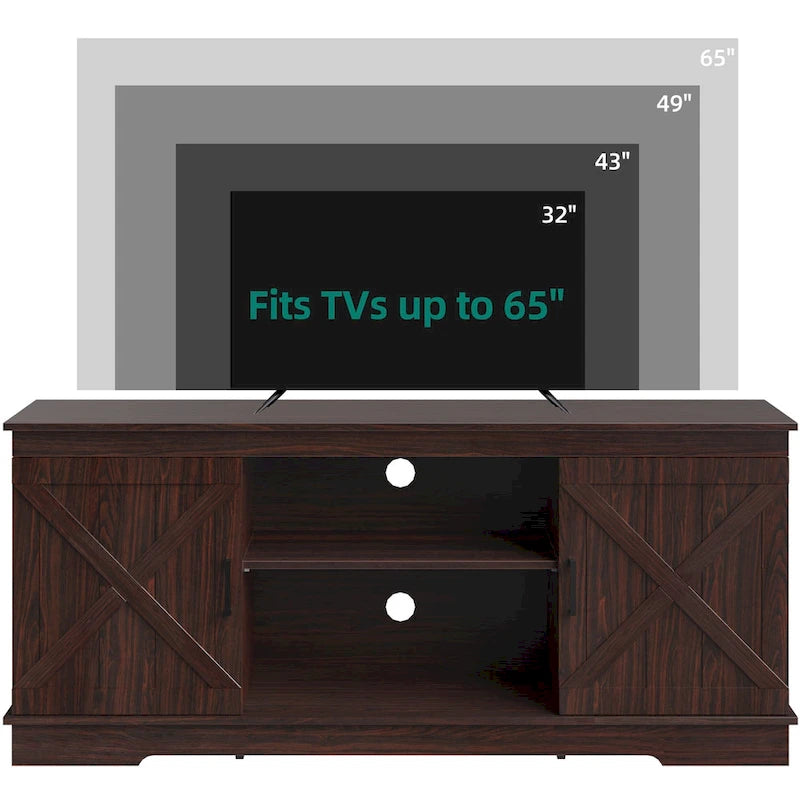 Móvel de TV de madeira estilo quinta para televisores de 65 polegadas, com portas de celeiro deslizantes, cinzento e branco
