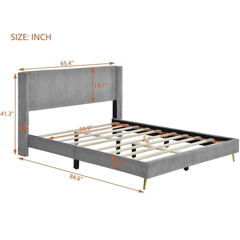 Tapicerowane łóżko platformowe typu queen size z sztruksu