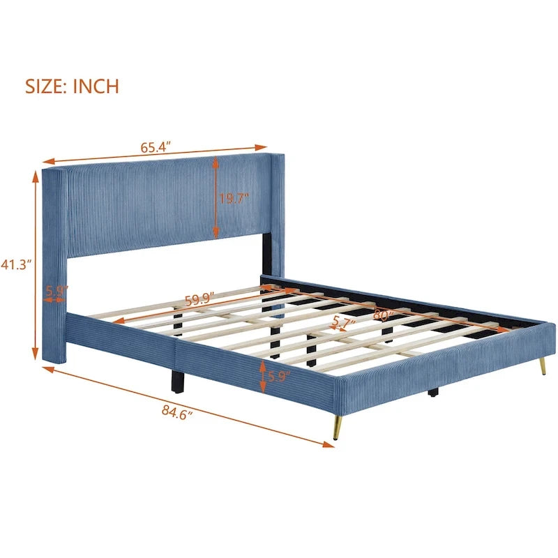 Tapicerowane łóżko platformowe typu queen size z sztruksu