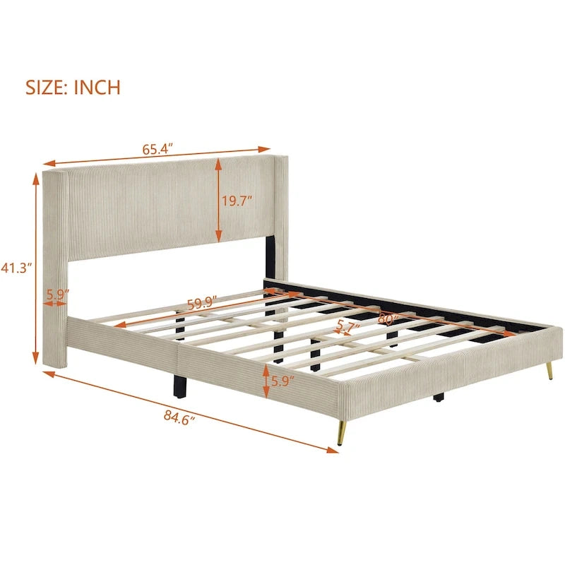 Tapicerowane łóżko platformowe typu queen size z sztruksu