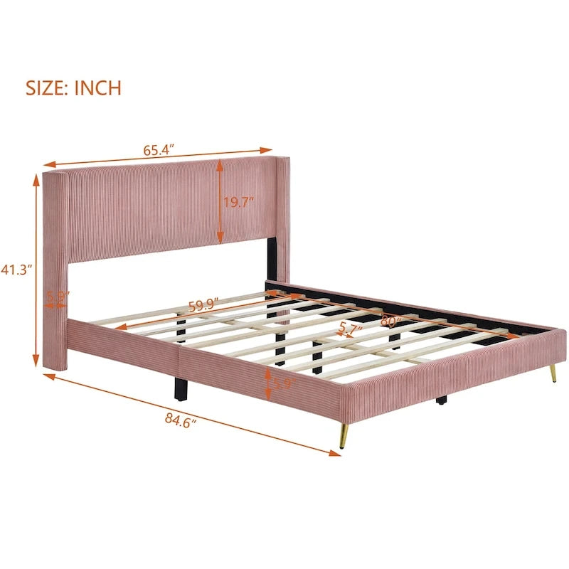 Tapicerowane łóżko platformowe typu queen size z sztruksu