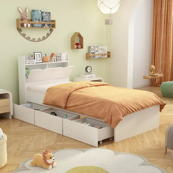 Struttura per letto singolo, letto a piattaforma in legno con cassetti contenitore e testiera