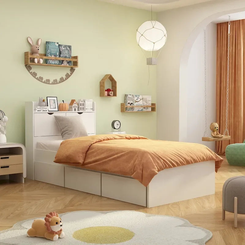 Twin-Bettgestell aus Holz mit Plattformbett, Aufbewahrungsschubladen und Kopfteil