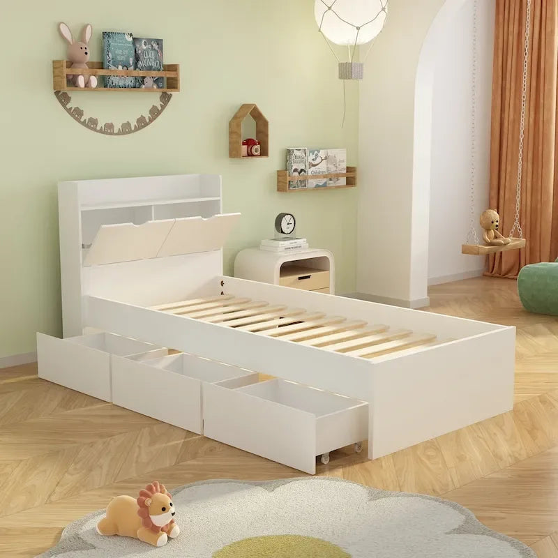 Twin-Bettgestell aus Holz mit Plattformbett, Aufbewahrungsschubladen und Kopfteil