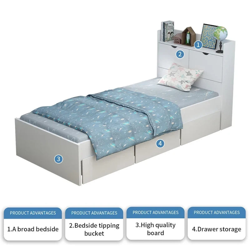 Twin-Bettgestell aus Holz mit Plattformbett, Aufbewahrungsschubladen und Kopfteil
