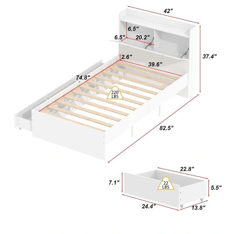 Twin-Bettgestell aus Holz mit Plattformbett, Aufbewahrungsschubladen und Kopfteil