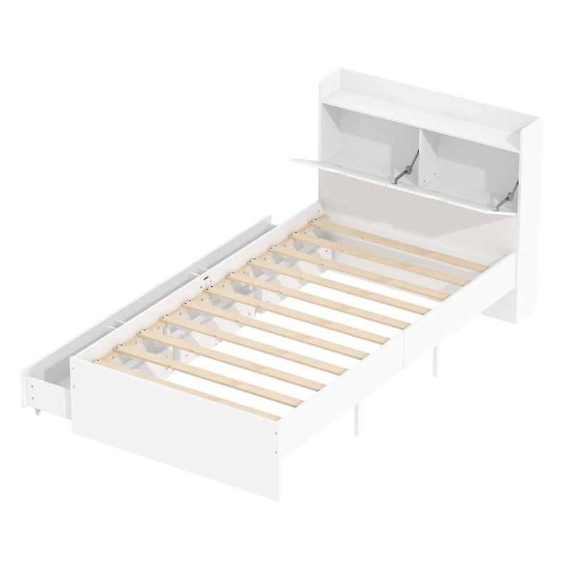 Twin-Bettgestell aus Holz mit Plattformbett, Aufbewahrungsschubladen und Kopfteil