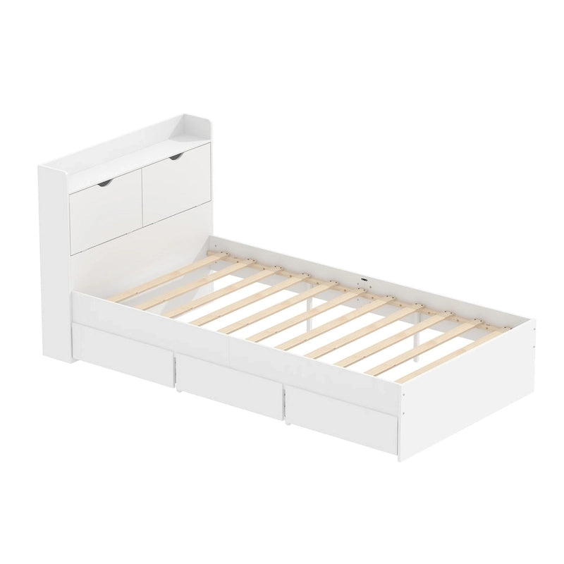 Twin-Bettgestell aus Holz mit Plattformbett, Aufbewahrungsschubladen und Kopfteil