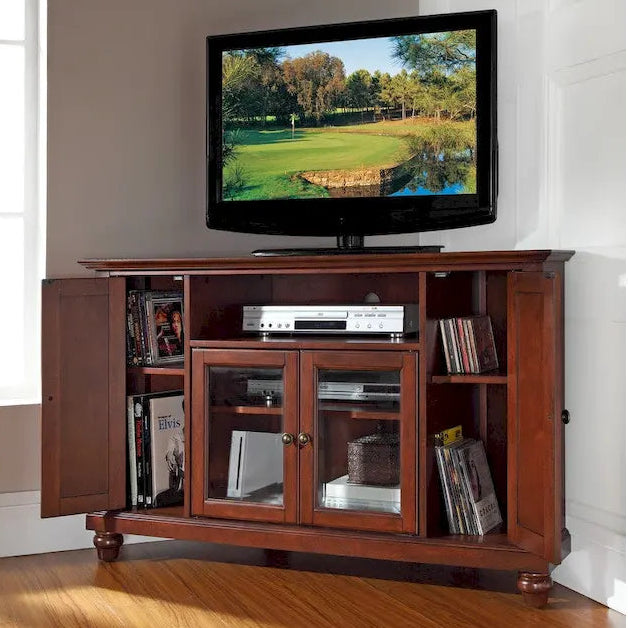 Crosley Cambridge Wooden 48-inch Corner TV Stand in Vintage Mahogany Finish