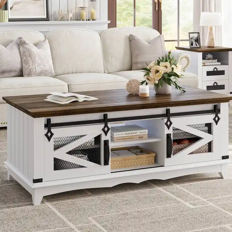Farmhouse Coffee Table with Sliding Barn Door Storage