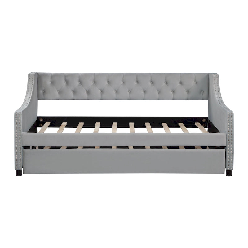 Gepolsterte Schlafsofa-Chaiselongue aus Samt mit Knopfheftung und Ausziehbett