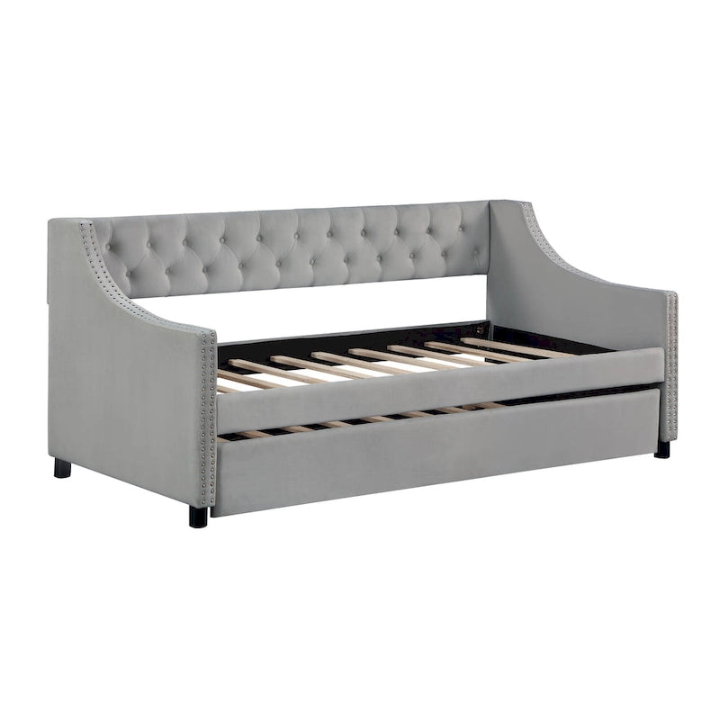 Gepolsterte Schlafsofa-Chaiselongue aus Samt mit Knopfheftung und Ausziehbett