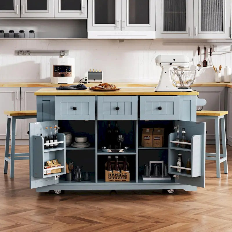 Isola da cucina da 53" con piano ribaltabile, presa di corrente, carrello con ruote e ripiani portaoggetti
