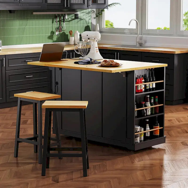 Isola da cucina da 53" con piano ribaltabile, presa di corrente, carrello con ruote e ripiani portaoggetti