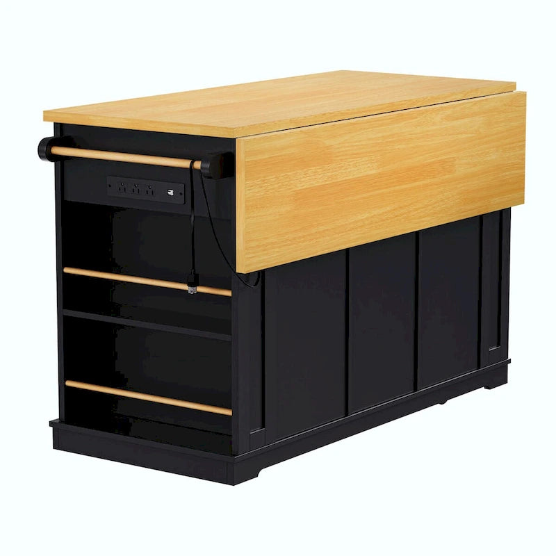 Isola da cucina da 53" con piano ribaltabile, presa di corrente, carrello con ruote e ripiani portaoggetti