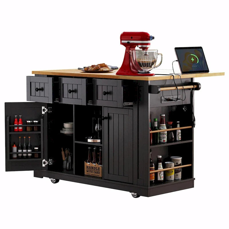 Isola da cucina da 53" con piano ribaltabile, presa di corrente, carrello con ruote e ripiani portaoggetti