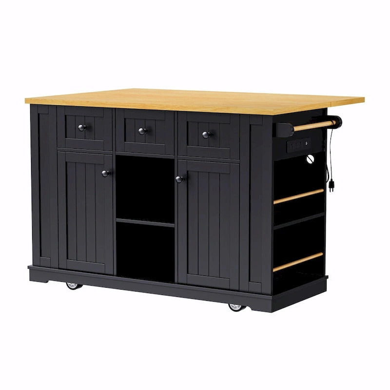 Isola da cucina da 53" con piano ribaltabile, presa di corrente, carrello con ruote e ripiani portaoggetti