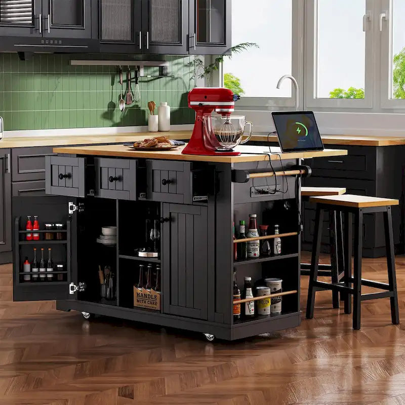 Isola da cucina da 53" con piano ribaltabile, presa di corrente, carrello con ruote e ripiani portaoggetti