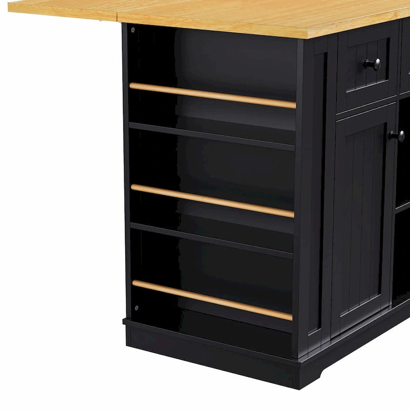 Isola da cucina da 53" con piano ribaltabile, presa di corrente, carrello con ruote e ripiani portaoggetti