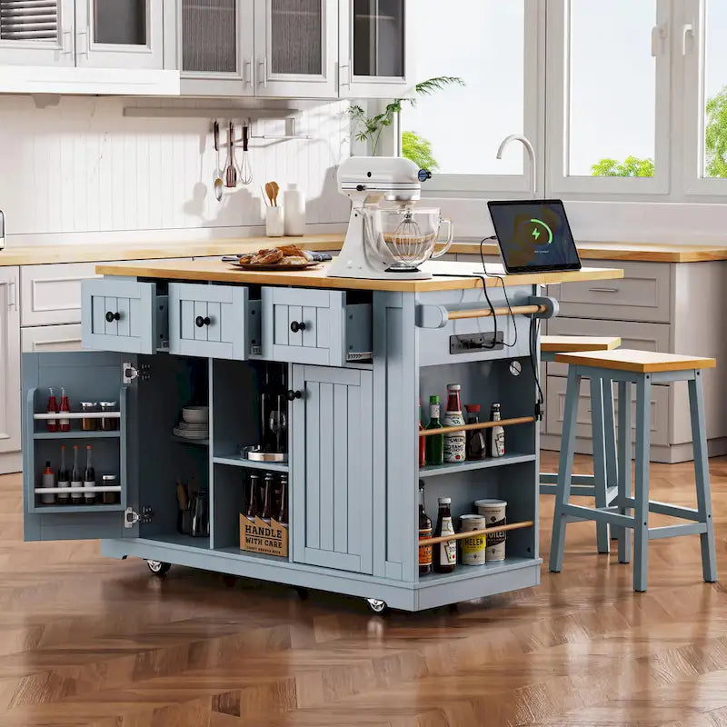 Isola da cucina da 53" con piano ribaltabile, presa di corrente, carrello con ruote e ripiani portaoggetti