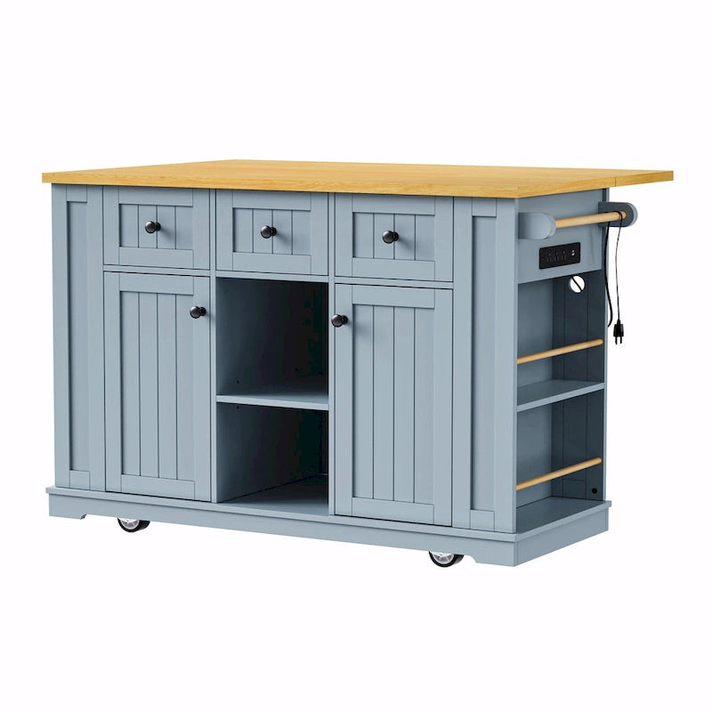 Isola da cucina da 53" con piano ribaltabile, presa di corrente, carrello con ruote e ripiani portaoggetti