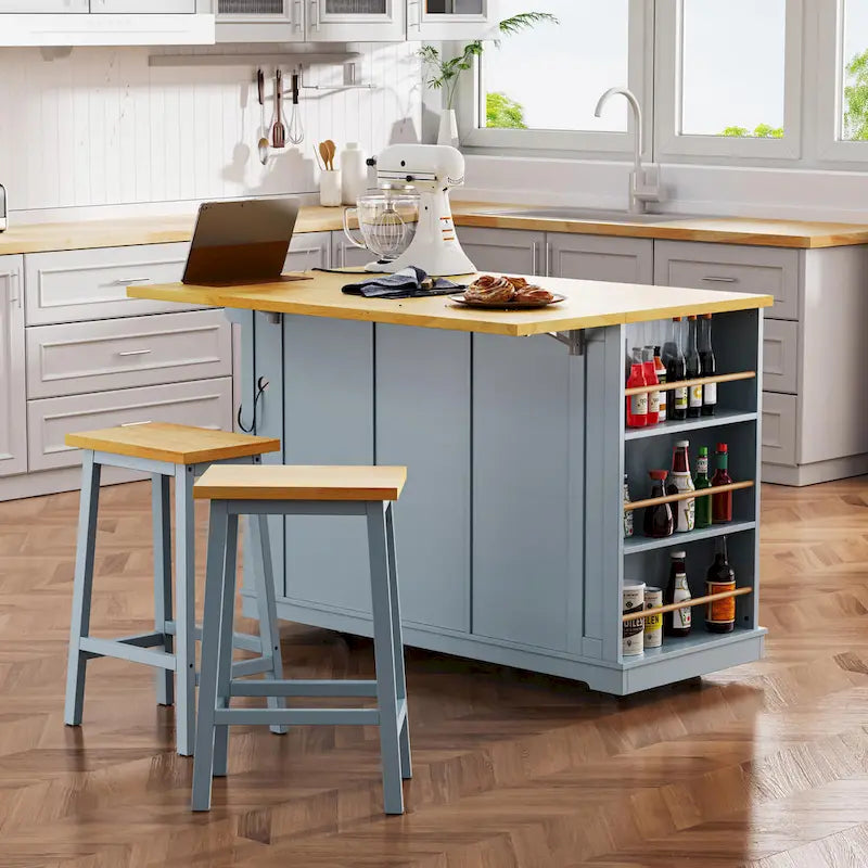 Isola da cucina da 53" con piano ribaltabile, presa di corrente, carrello con ruote e ripiani portaoggetti