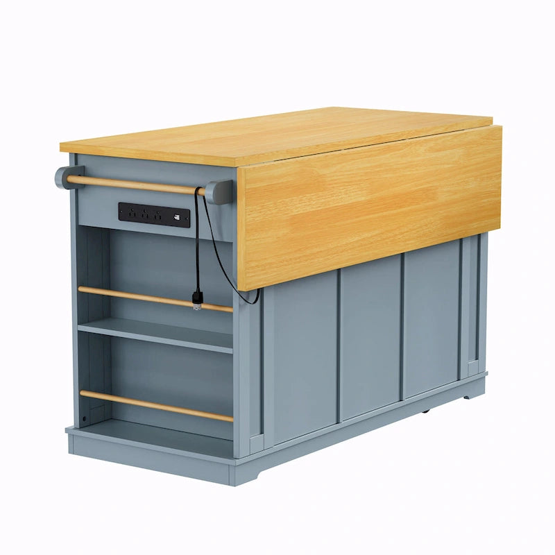 Isola da cucina da 53" con piano ribaltabile, presa di corrente, carrello con ruote e ripiani portaoggetti