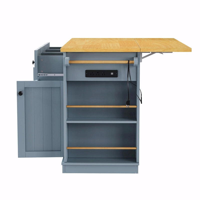 Isola da cucina da 53" con piano ribaltabile, presa di corrente, carrello con ruote e ripiani portaoggetti