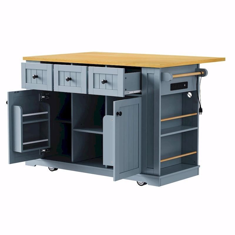 Isola da cucina da 53" con piano ribaltabile, presa di corrente, carrello con ruote e ripiani portaoggetti