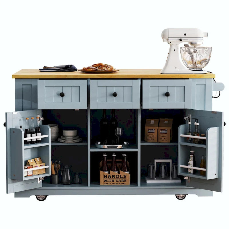 Isola da cucina da 53" con piano ribaltabile, presa di corrente, carrello con ruote e ripiani portaoggetti