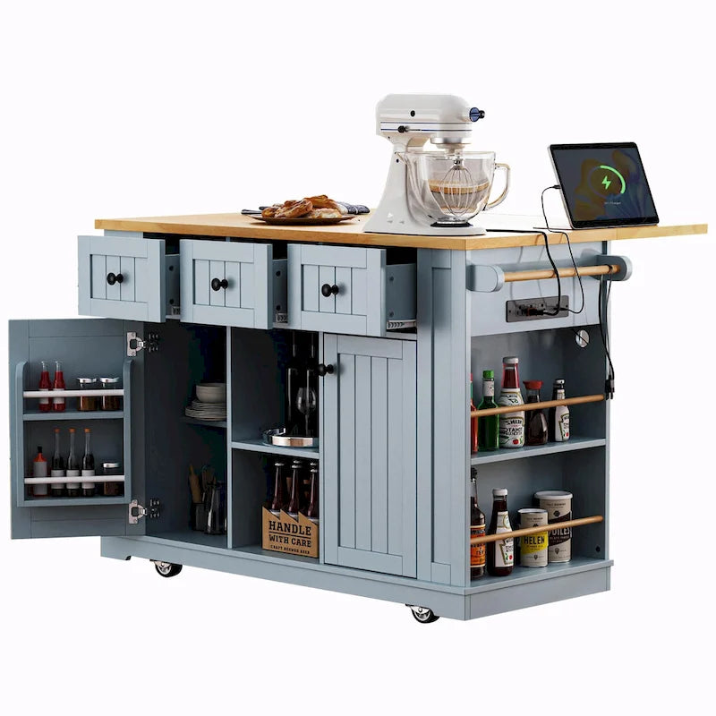 Isola da cucina da 53" con piano ribaltabile, presa di corrente, carrello con ruote e ripiani portaoggetti